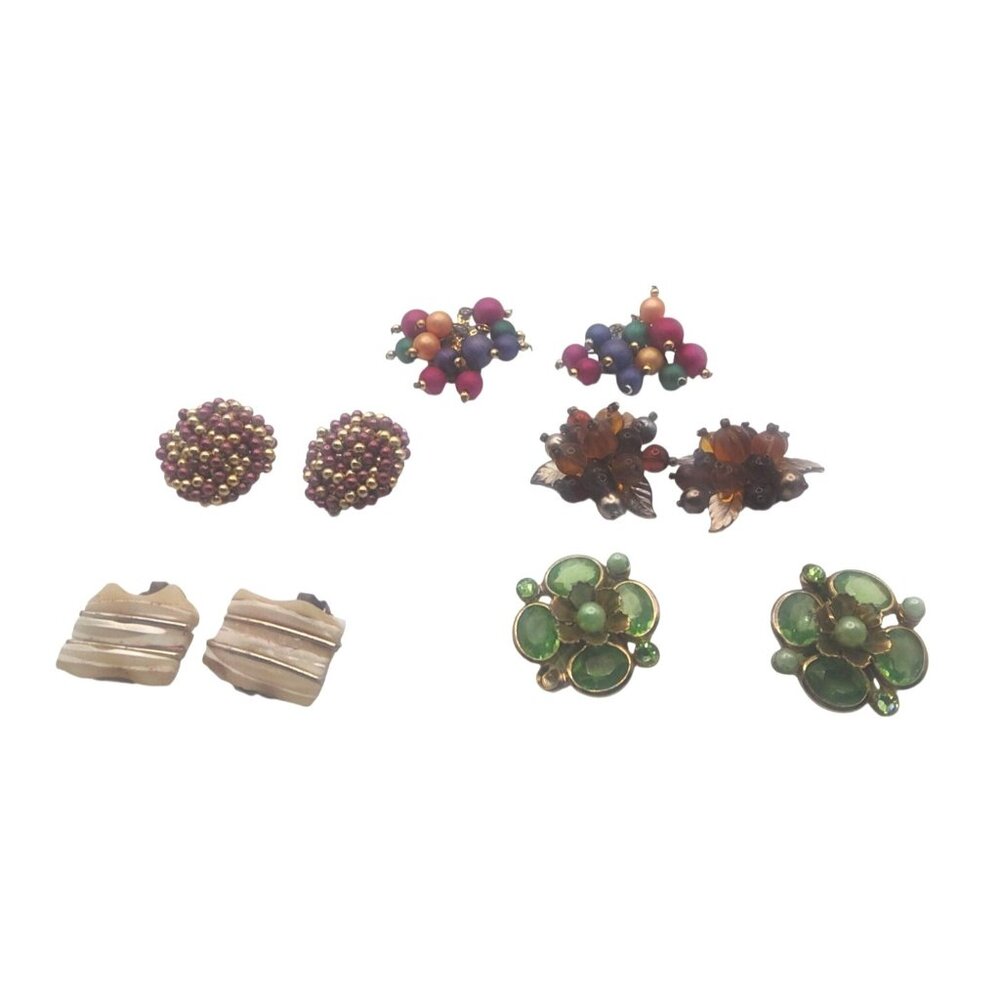 Vintage Clip-On Earrings (5) Sets W/Beads Faux Pearls/Floral Designs Multicolor